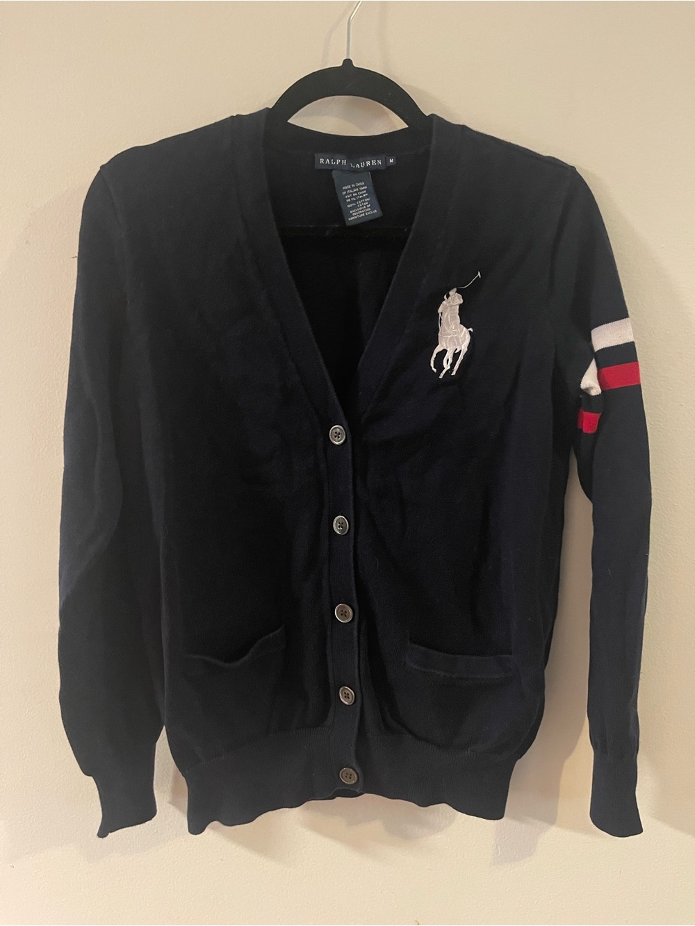 Ralph Lauren Navy Cardigan with Polo Pony and Sleeve Stripes